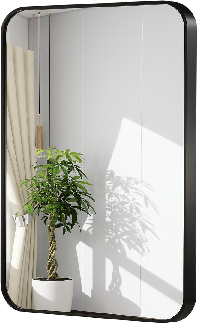 30x36 Inch Black Wall Mirror for Bathroom, Brushed Metal Framed Mirror with Rounded Corner, Rectangle Bathroom Vanity Mirror for Bedroom or Living Room, Horizontal/Vertical