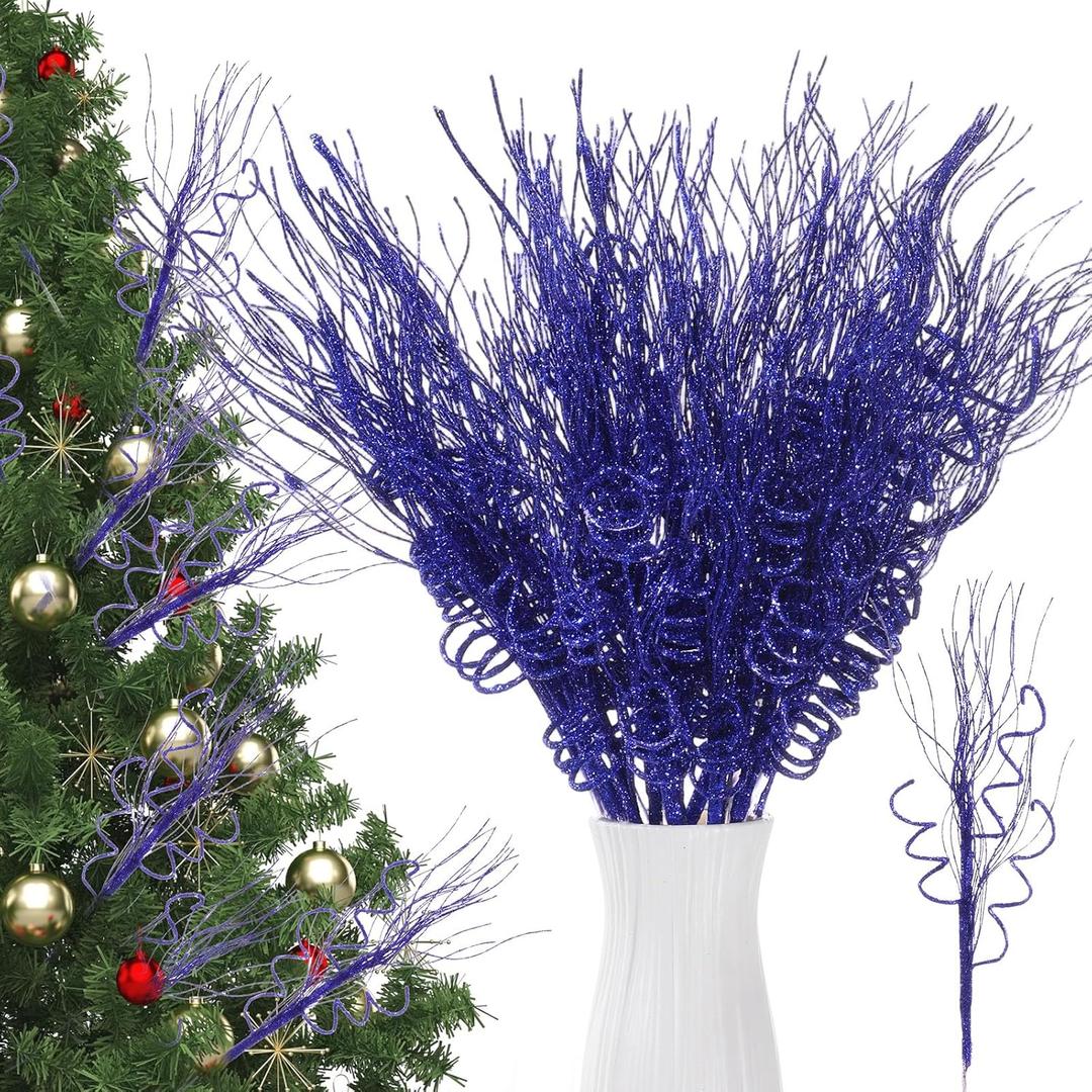 Suncalla 24 Pcs 16.5 Inch Christmas Tree Picks Glitter Artificial Curly Sprays Christmas Floral Stems Branches for Xmas Tree Sticks Garland Ornaments Vase Filler Decorations (Royal Blue)