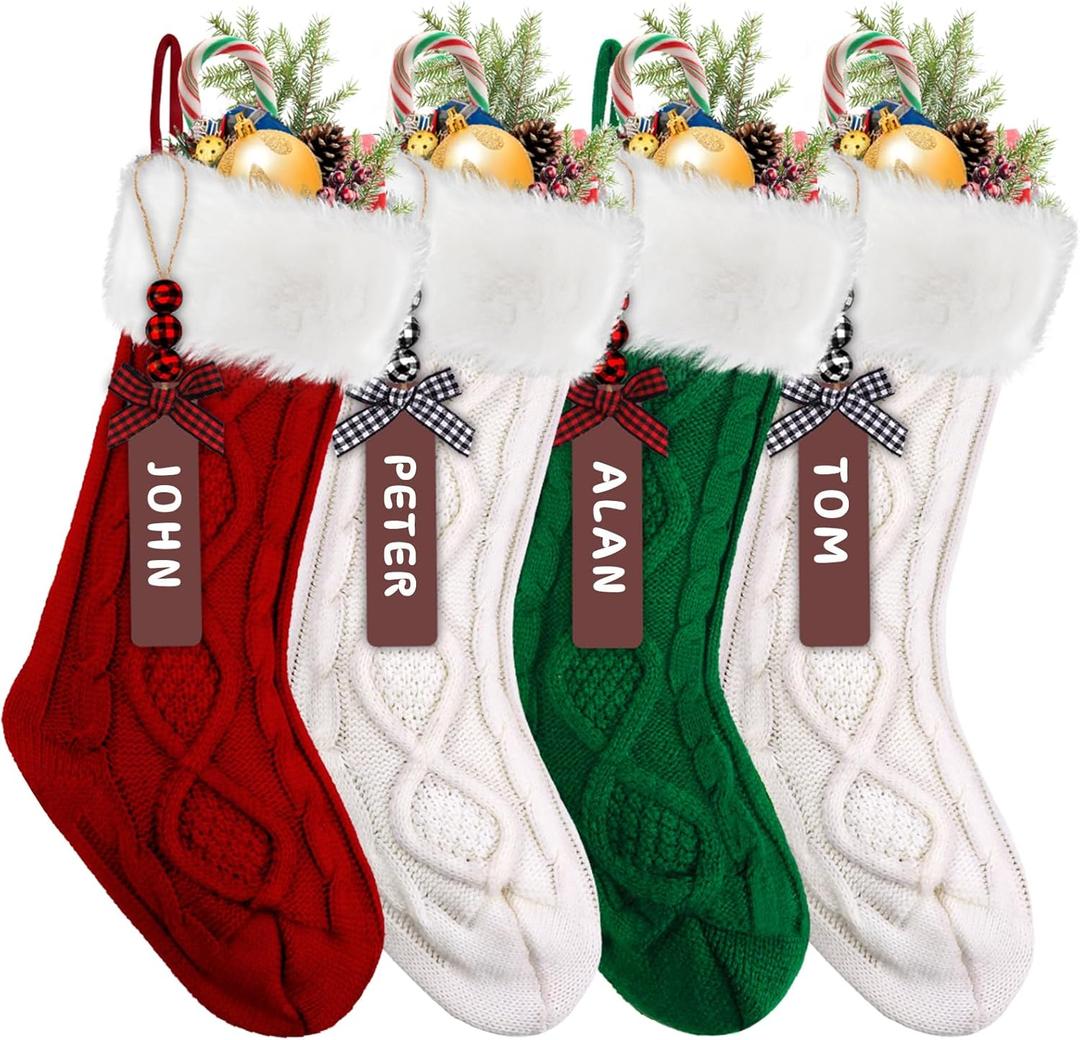 XIMISHOP 4PACK Christmas Stockings,18Inches Large Cable Knitted Stocking Personalized Xmas Hanging Stocking Decorations with for Holiday Christmas Party Family Decor(Green Red White