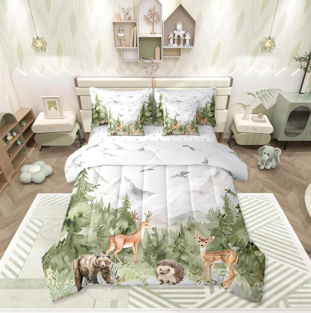 Erosebridal Giant Mountain Forest 7 Piece Bedding Set Full Woodland Animal Comforter Set Jungle Deer Bear Hedgehog Birds Pine Trees Comforter Wildlife Hunting Botanical Sheets for Kids Boys (Green White)
