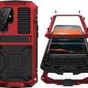 Compatible with Samsung S22 Ultra Metal Case with Screen Protector Camera Protector Military Rugged Heavy Duty Shockproof Case with Stand Full Cover Tough case for Samsung S22 Ultra (Red)