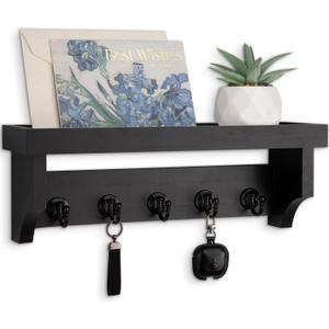 Key and Mail Holder Wall Mount, Key Holder with Shelf and Mail Organizer Wall Mount. Mail Holder with 5 Hooks for Coat, Dog Leash, Home Decor Rack, Entry Way Organizer (Black)
