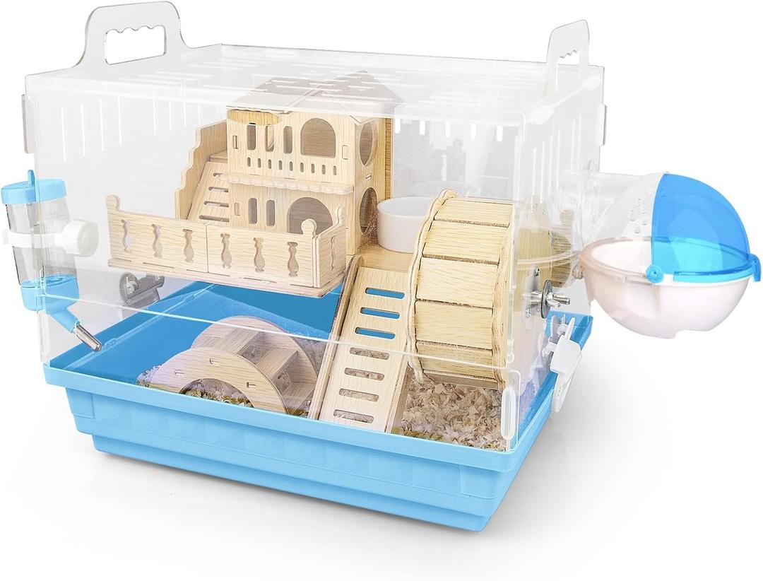 Cycodo 8 in 1 Acrylic Hamster Cage,2-Tier Dwarf Hamster Cage with Wooden Wheel & Hideout,Small Hamster Habitat with Accessories, Clear Pet Mice House(Blue,14" L*10" W*11" H)