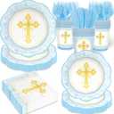 Blue Baptism Decorations for Boys Baptism Plates and Napkins First Holy Communion Party Supplies God Bless Plates Religious Christening Ceremony Tableware Set, Serves 25