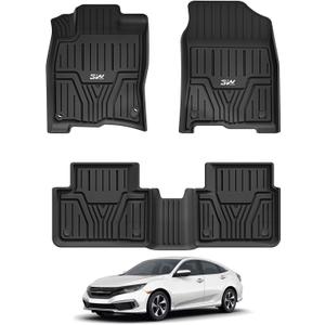 3W Floor Mats Fit for Honda Civic Sedan 2016-2021 & Hatchback 2017-2021 & Coupe 2016-2020, Custom Fit Floor Liner for 1st 2nd Row Full Set TPE All-Weather Car Liners