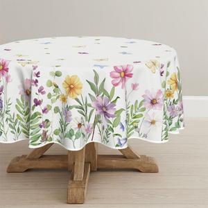 Horaldaily Spring Tablecloth 7070 Inch Round, Wildflowers Floral Butterfly Washable Table Cover for Party Picnic Dinner Decor (White)