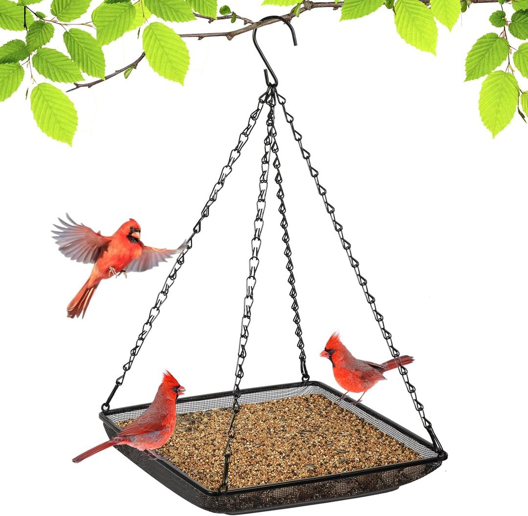 MIXXIDEA Hanging Bird Feeder Tray 11x11 Inches, Metal Mesh Platform Seed Feeder with Durable Chains for Outdoors Outside Great for Attracting Wild Birds, 1 Pack