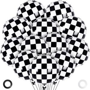 Checkered Balloons, 12 Pcs Checkered Racing Foil Balloons, 18 Inch Black and White Checkerboard Mylar Balloons for Race Car Birthday Party Supplies Decoration