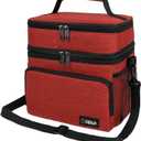 opux Insulated Lunch Bag for Men Women, Large Dual Compartment Cooler Bag, Soft Two Deck Lunch Box for Work School Picnic, Leakproof Lunch Tote With Shoulder Strap for Kid Adult (Red, Double Deck)