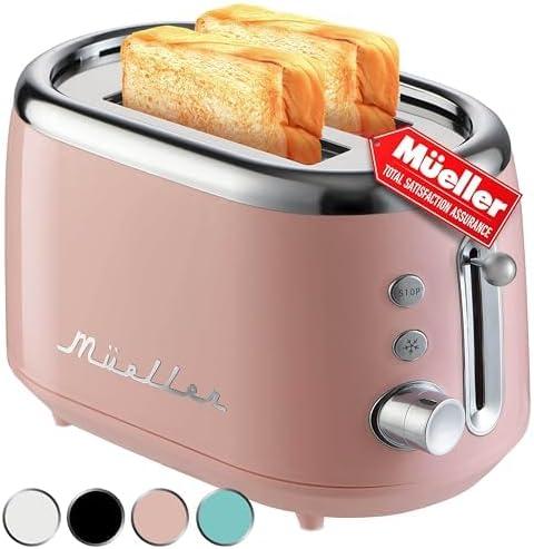 MÜELLERHOME Retro Toaster 2 Slice, 7 Browning Levels, 3 Functions (Reheat, Defrost, Cancel), Removable Crumb Tray, Under Base Cord Storage, Pink Kitchen Accessories Décor