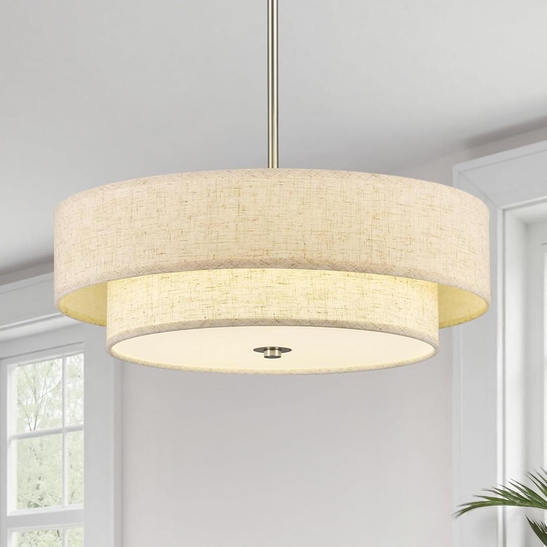 VONLUCE Modern Chandeliers, 18" Drum Chandeliers with 2-Layer Fabric Shade, 4-Light Pendant Light Fixture with E26 Base, Light Fixture for Dining Room Bedroom Living Room, Linen Shade & Nickel Finish