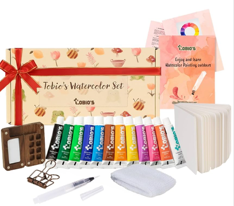 Original Tobios Mini Wooden Watercolor Paint Set – Compact Travel Art Kit with 12 Colors, Refillable Brush & Sketchbook – Unique Creative Gift for Birthdays, Holidays & Art Lovers