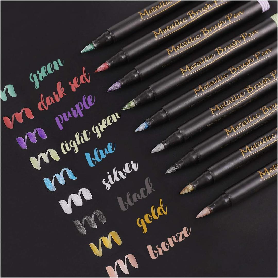 Dyvicl Metallic Brush Marker Pens - Metallic Pens Art Markers for Calligraphy, Brush Lettering, Black Paper, Rock Painting, Card Making, Scrapbooking, Fabric, Metal, Ceramic, Glass, Set of 9