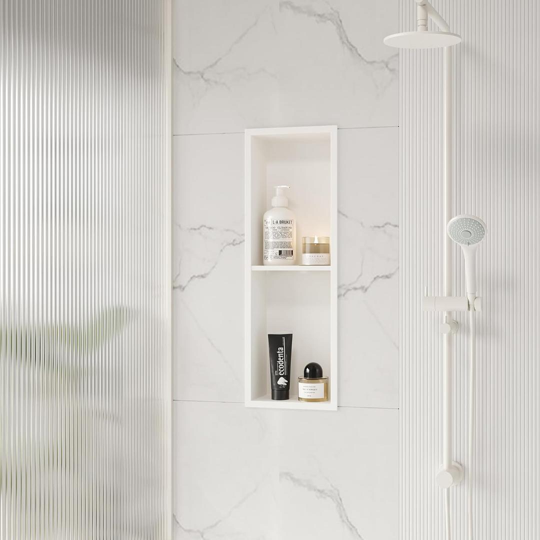 Qeke Stainless Steel Shower Niche 8" X 24", No Tile Needed Wall Niche Double Shelves, Recessed Shower Shelf for Bathroom Storage, Matte White