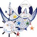 Marsui 11 Pcs Wooden Nautical Wall Decor Fishing Net Decorations, Include Decorative Fishing Net, Ship Wheel, Fish Skeleton, Life Ring, Anchor, Starfish Beach Decor for Mediterranean Party (Blue)