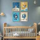 Framed Space Astronaut Wall Art for Nursery Decor, 4 Piece Outer Space Themed Canvas Art Prints Paintings, Planet Rocket Pictures for Bedroom, Kids Room, Baby Room, Boys Room, Bathroom Wall Decor, 11"W x 14"H x 4Pcs