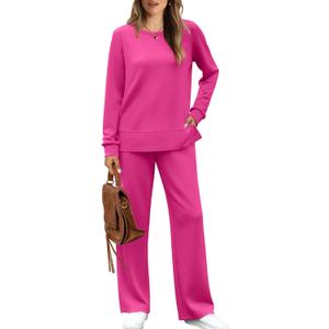 WIHOLL Women's 2 Piece Lounge Sets Sweatshirt Casual Travel Outfits Fashion Wide Leg Tracksuit Cozy Sweatsuits (Medium, C Hot Pink)
