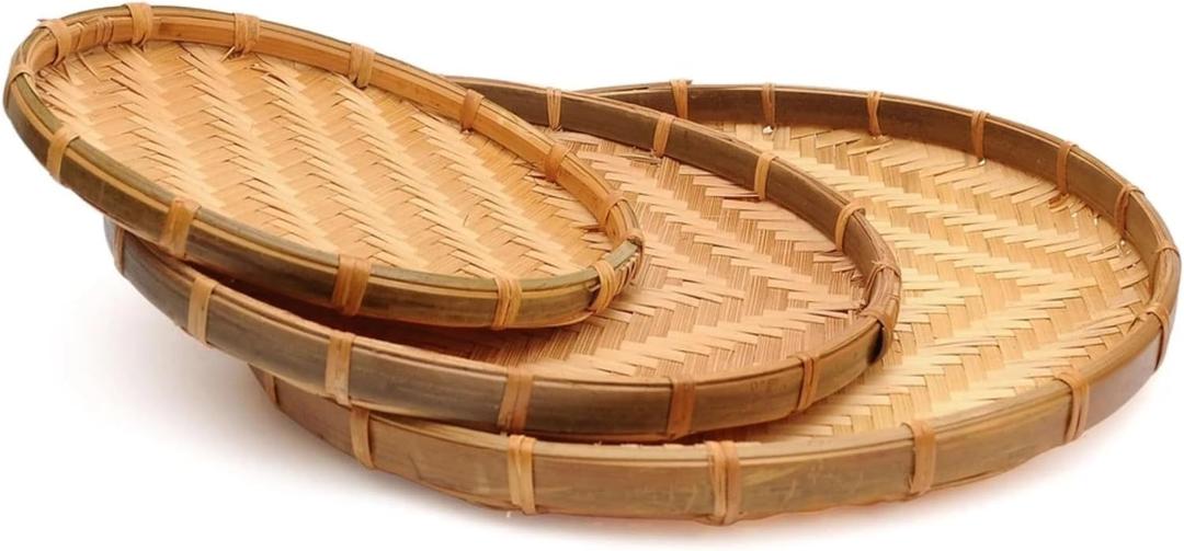Set 3 Of Vietnam Traditional Handmade Round Rattan Wicker Serving Basket Trays Food Kitchen Bamboo Fruit Basket Serving Tray with Handles Home Decor Trays