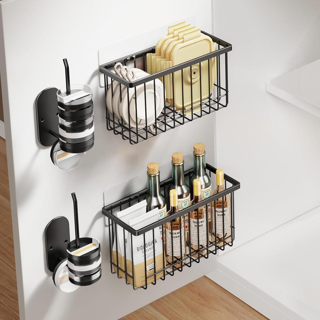 Mustorn 4 Pack Adhesive Cabinet Door Organizer, Lid Organizers Inside Cabinet Food Container/Tumbler Lid Organizer and Storage Cup Lids Holder for Kitchen & Bathroom Wall Mounted (Black)