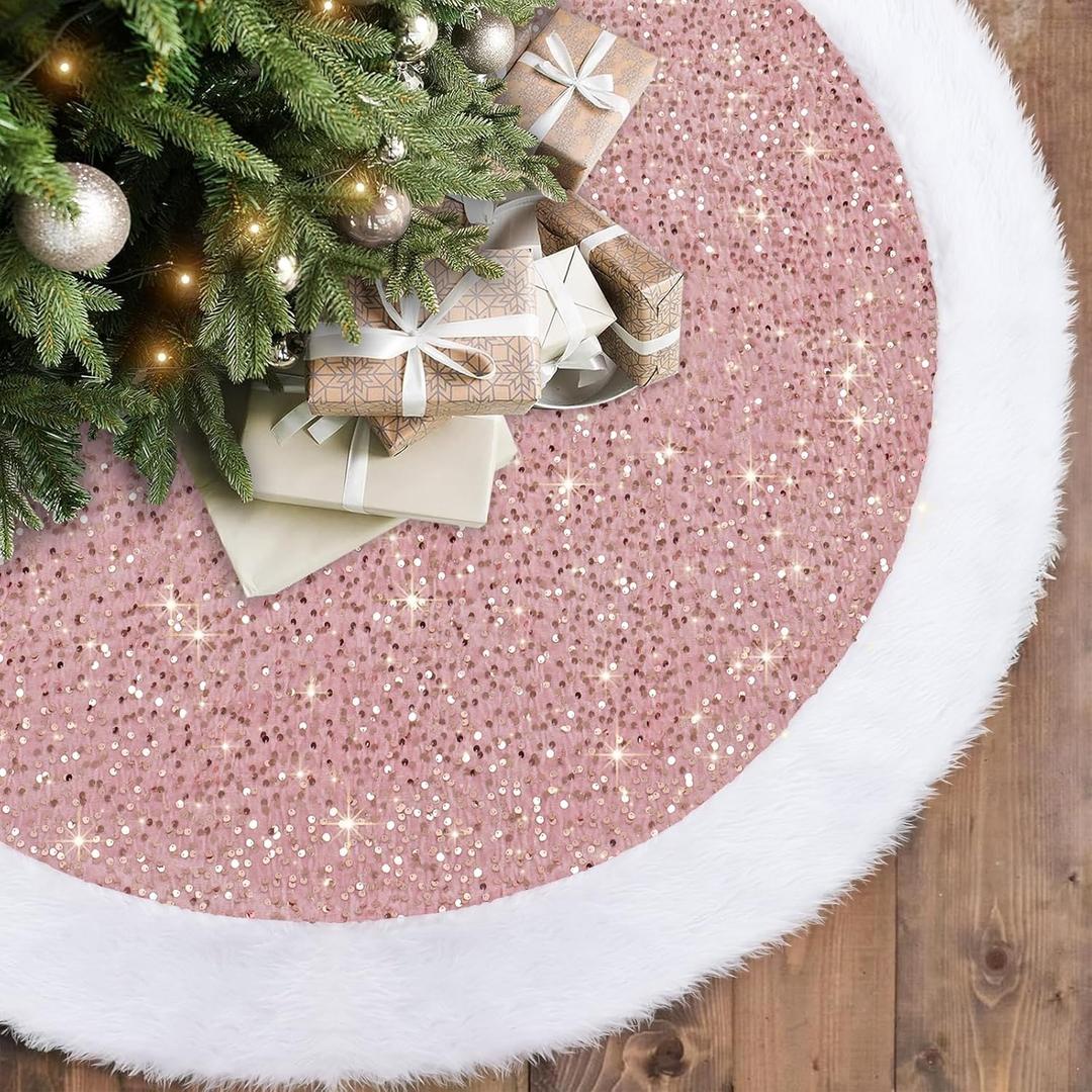 2 x Dremisland Pink Christmas Tree Skirt 48 Inch Sparkly Sequin Velvet Tree Skirts Glitter Plush Christmas Decorations Luxury Faux Fur Xmas Tree Mats for Party Holiday Home New Year Decor
