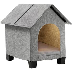 Indoor Dog House, Elevated Foldable Dog Cave Bed with Removable Plush Mat for Small Dogs and Cats Up to 15.7 Inches Long