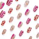 30Pcs Short Almond Press on Nails Valentines Fake Nails with Flower Love Heart Stripe Design Pink Full Cover False Nails Valentines Heart Nails Press ons Full Cover Artificial Stick on Nail for Women