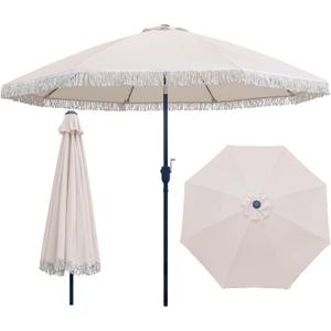 9FT Patio Fringe Umbrella, Table Umbrella with Tassel, Beige