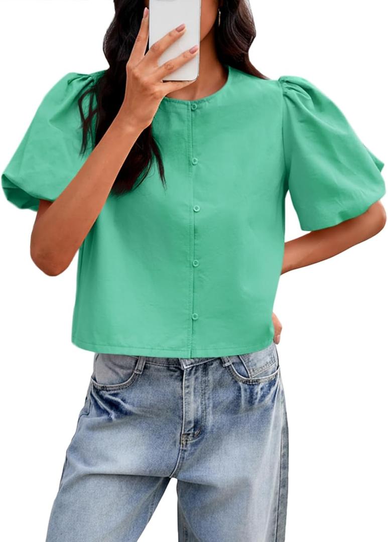 Tankaneo Womens Cropped Tops Puff Sleeve Button Down Shirts Trendy Casual Loose Fit Cute Blouse (Medium, Green)