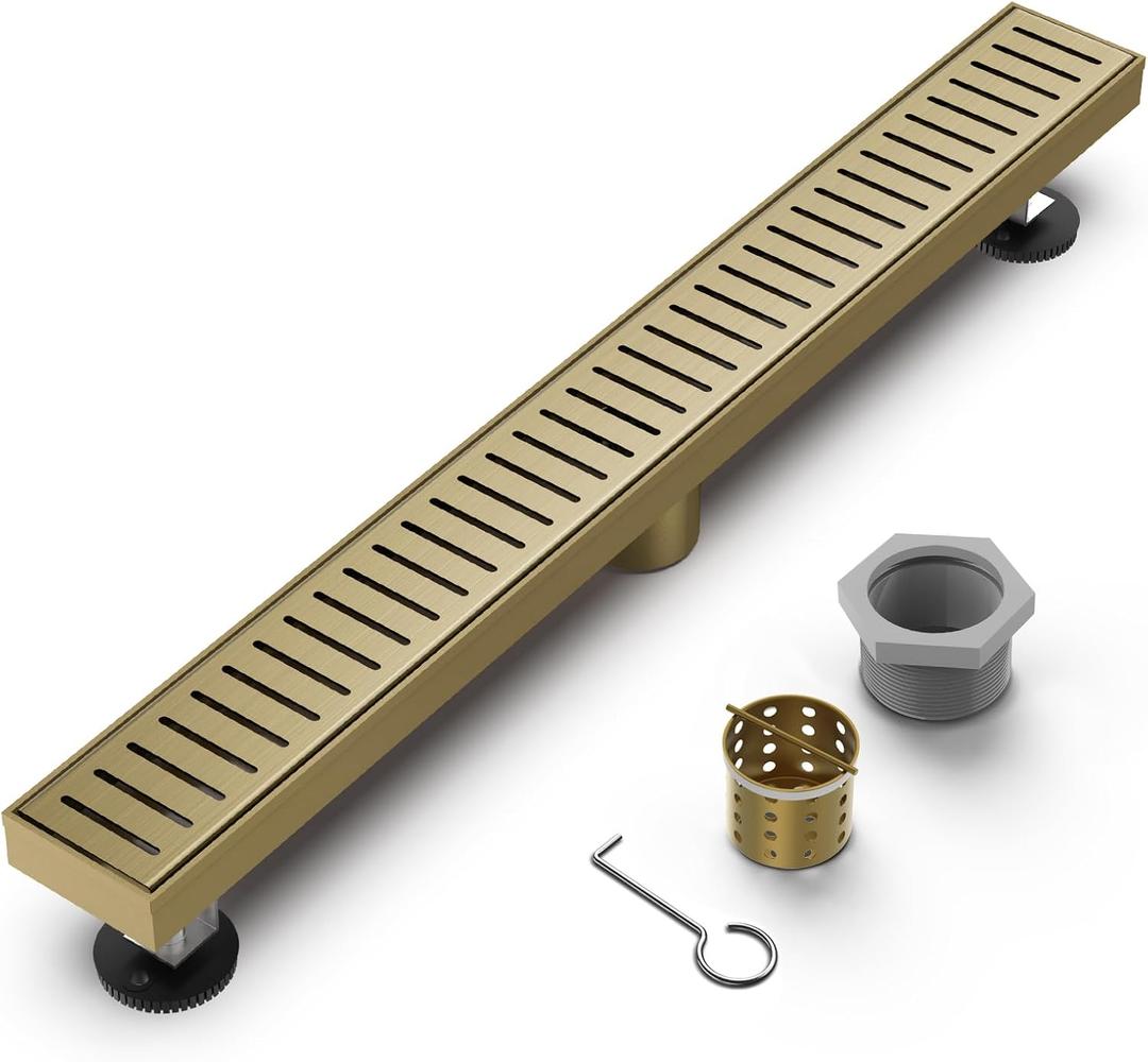 Titanium Gold Shower Drain 24 Inch, 304 Stainless Steel Linear Shower Drain with Removable Capsule Pattern Grate - Adjustable Rectangular Brushed Shower Floor Drain with Hair Strainer