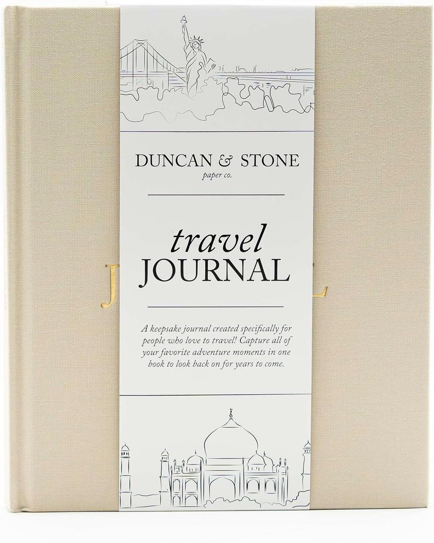 DUNCAN & STONE PAPER CO. Travel Journals - Elegant Journaling Notebook To Record All Your Travel Adventures, & More - Linen Hardcover Journal Up To 15 Trips (Sand,110 Page)