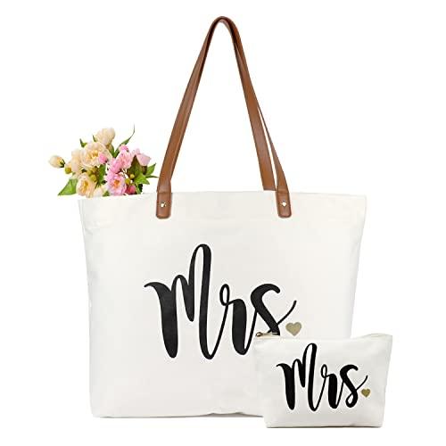 Lamyba Mrs Bag with Makeup Bag, Bride Tote Bag, Bridal Shower Gifts for Bride,Canvas White (21"x 15"x 5.5 " & 8.7"x 5"x 3 ")