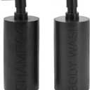 2-Pack Matte Black Resin Refillable Shampoo & Body Wash Bottles Modern Bathroom Pump Dispenser Set, Durable Resin Shower Containers with Embossed Labels, Reusable Pump Bottle