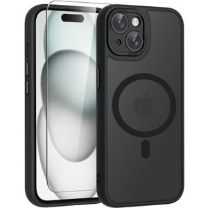 WRJ Case for iPhone 15, Slim Translucent Matte Magnetic Case for Women Men [Compatible with Magsafe][Enhanced Camera Protection] Anti-Fingerprints Shockproof Cover with Screen Protector-Black
