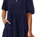 KIRUNDO Eyelet Summer Dresses for Women 2025 Mini Casual Hollow Out Short Sleeve Lace Tiered V Neck Shift Dress Pockets (Medium)