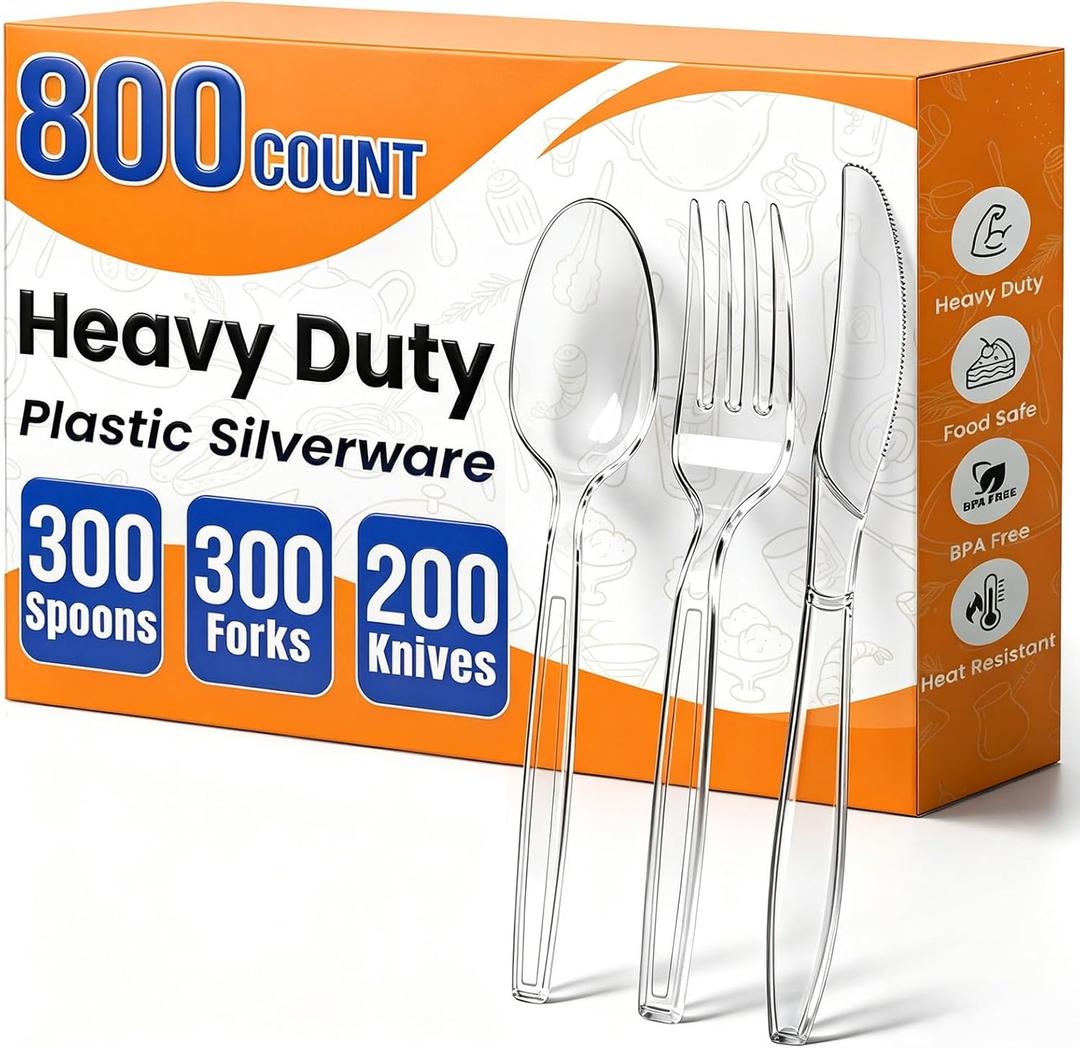 800 Count Plastic Silverware Heavy Duty,Clear Disposable Plastic Utensils Set,300 Forks, 300 Spoons,200 Knives,BPA-Free, Heat Resistant PlasticCutlery, Plasticware Bulk for Catering & Events, Daily