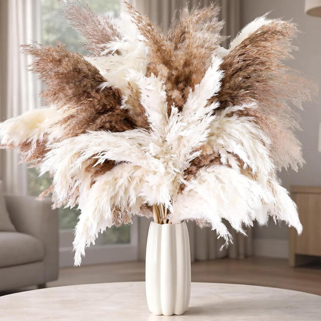 50 PCS Tall Pampas Grass for Floor Vase  17" Natural Fluffy Dried Pampas Grass Stems, Large 20 White & 30 Brown Pmpas Grass, Boho Pampas for Wedding, Home Decor, Halloween, Christmas