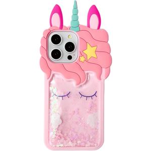 3D Unicorn Case,Cartoon Cute Kawaii Character Funny Glitter Bling Sparkle Shiny Quicksand Unicorn Kids Teens Girls Women Shockproof Soft Silicone Case for iPhone 14 Pro Max/iPhone 15 Pro Max 6.7 inch