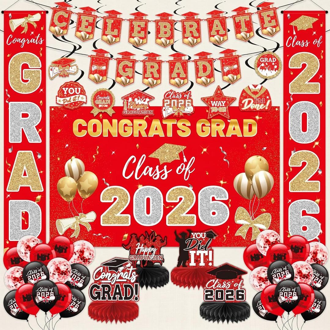 2026 Graduation Party Decorations Kit Red and Gold - Includes Backdrop, Banner, Balloons, Hanging Swirls, Honeycomb Centerpieces for Class of 2026 High School College Graduation Party Supplies