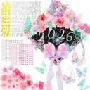 35 Pcs Graduation Cap Decorations Kits DIY Pink Faux Flower Heads 3D Butterfly Bow Ornament Adhesive Rhinestones Glitter Alphabet Letter Number Sticker for Grad Cap Topper Graduation Party DIY Crafts