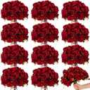 XunYee 12 Bundles Burgundy Artificial Flowers Bulk Wedding Decorations Favors Red Roses Fake Silk Flowers Bouquets Realistic Florals Arrangements Decor for Outdoor Wedding Table Centerpieces, Red, 12