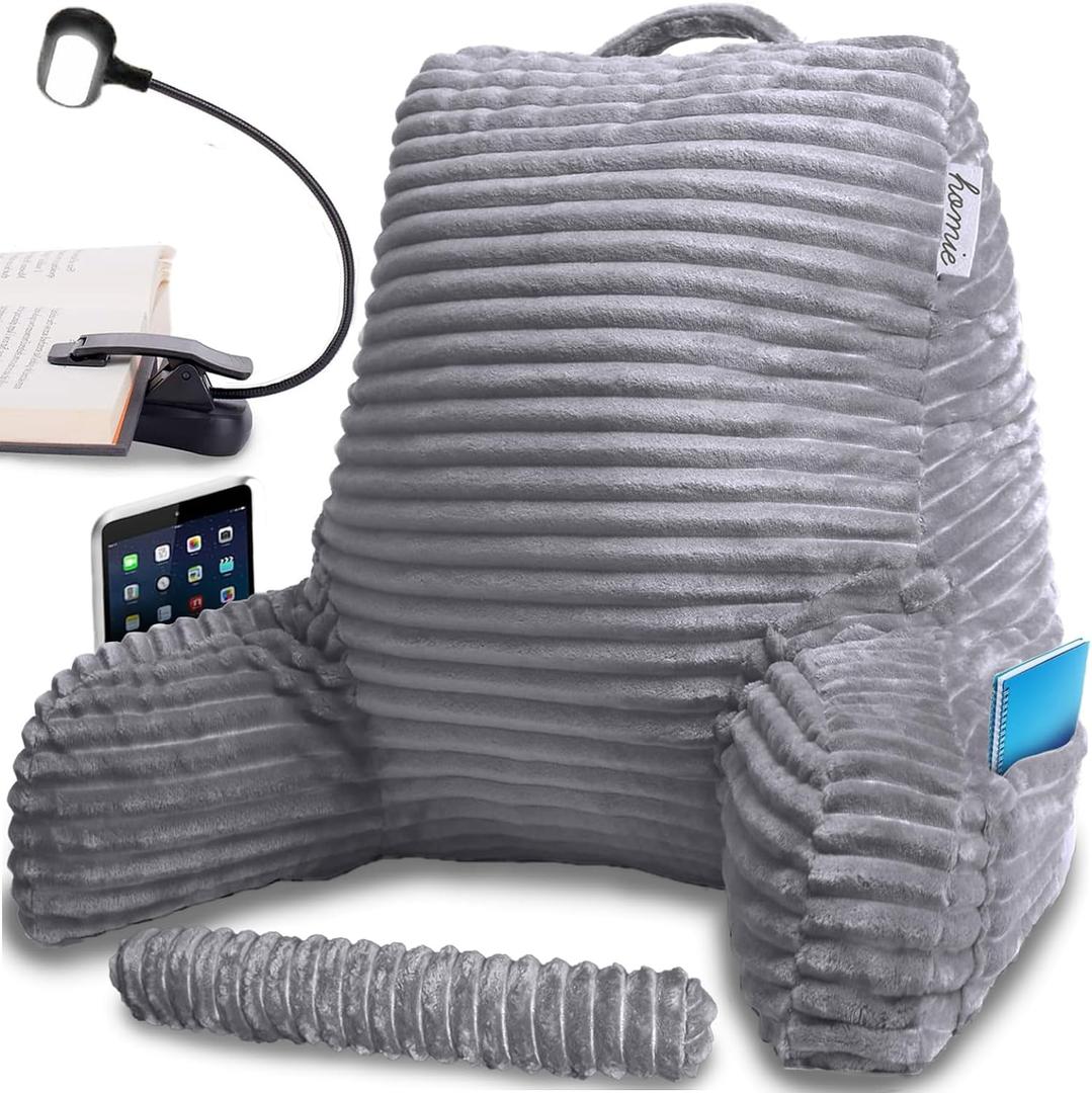 Homie Reading Pillow with Reading Light and Wrist Support, Has Arm Rests, and Back Support for Bed Rest, Lounging, Reading, Working on Laptop, Watching TV Gray, Large 18in x 31in