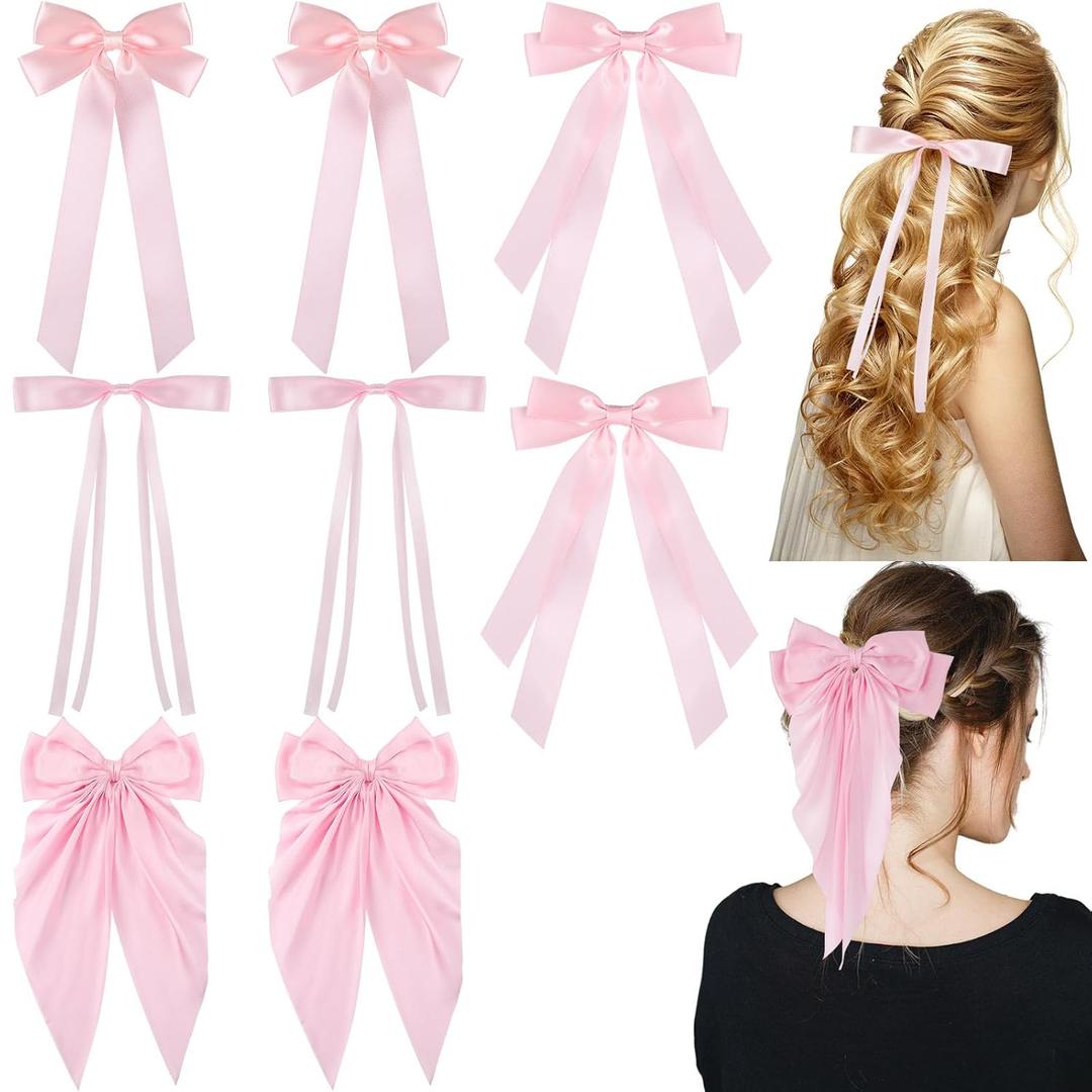 8 Pcs Pink Hair Bows for Women Silky Satin Hair Bows Clips for Ponytail Holders Hair Ribbon with Long Tails Vintage Hair Barrettes Hair Accessories for Girls Bridesmaid