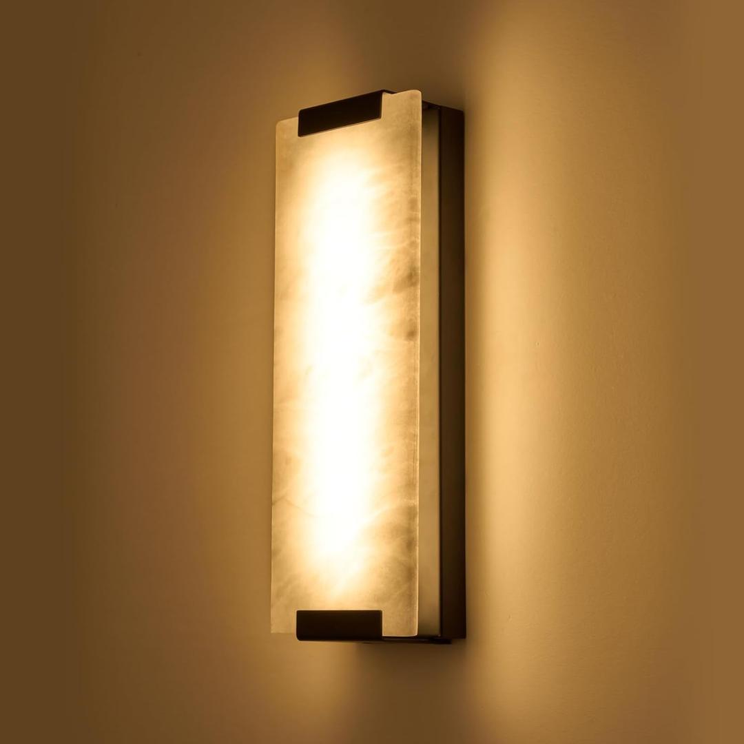 14.2in Alabaster Wall Sconce Hardwired, Large Vertical Natural Marble Wall Light Decor, LED Modern Alabaster Wall Lamp for Bedroom, Stairs, Living Room, Vanity, Bedside, Hallway, Bathroom, Black 12W