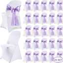 Lounsweer 50 Pcs Folding Chair Cover Set with 25 Stretch Spandex Slipcovers 25 Satin Chair Sashes Bows Ribbon Washable Banquet Protector for Wedding Event Party(White, Lavender)