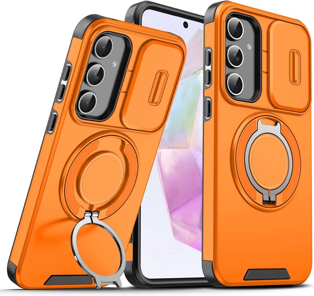 for Samsung S25 FE Case with Slide Camera Cover and Rotating Kickstand Ring, Slim Magnetic Shockproof Accessories Phone Case for Samsung Galaxy S25 FE (Orange)