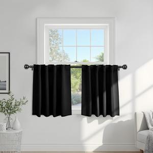 PONY DANCE Black Short Curtains for Bathroom Window, Half Drapes for Kitchen Window, loft Thermal Insulated Curtain Tiers for Bedroom/Basement, Width 29 x Length 30 inches, Black, 2 Pieces