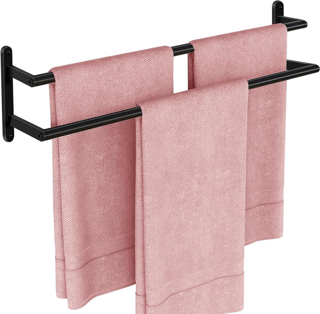 Double Towel Bar, 24Inch Towel Rack for Bathroom, Stainless Steel Double Bath Towel Bar, Wall Mounted Towel Holder, Double Towel Rod Towel Rail Hanger for Wall, Kitchen (Matte Black)