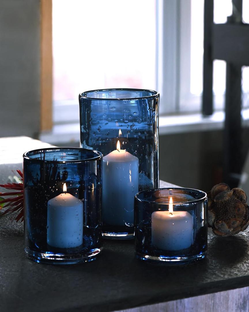 Glass Hurricane Candle Holders Bulk for Pillar Blue Seeded Bubbles Cylinder Table Centerpiece Modern Rustic Vases Home Decor 10" 7" 4" Set of 3