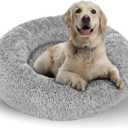 Active Pets Calming Plush Dog Bed Donut Joint Support Anxiety Relief Washable Pet Bed with Removable Cover for Dogs Cats, Large 36", Light Grey