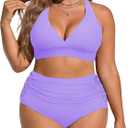 American Trends Womens Plus Size Bikini Set - Tummy Control, High Waisted 2 Piece Swimsuits Bathing Suits (Purple), 16 Plus